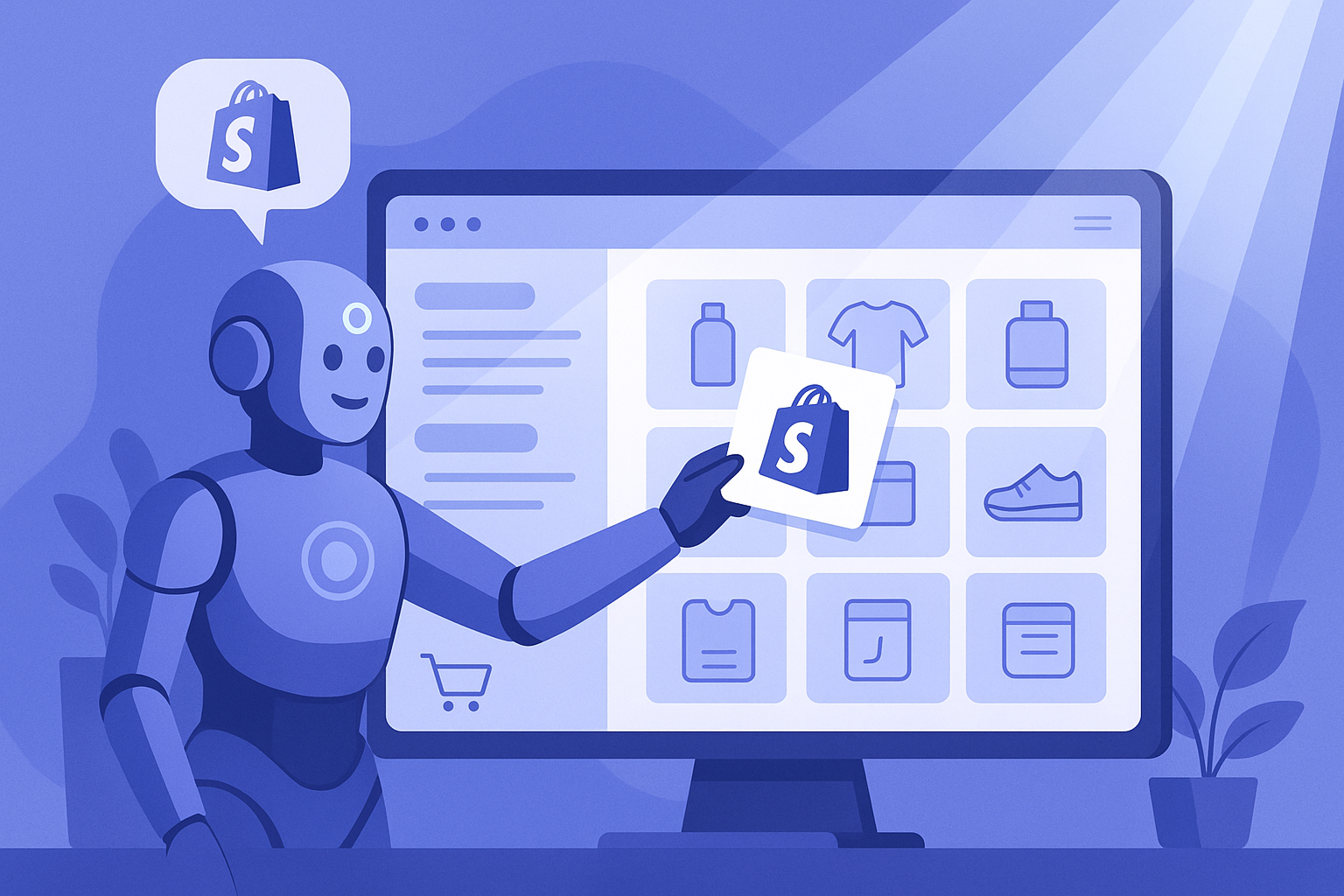 Robot illustration holding a card with the Shopify logo in front of a large screen illutrating an online shoping cart