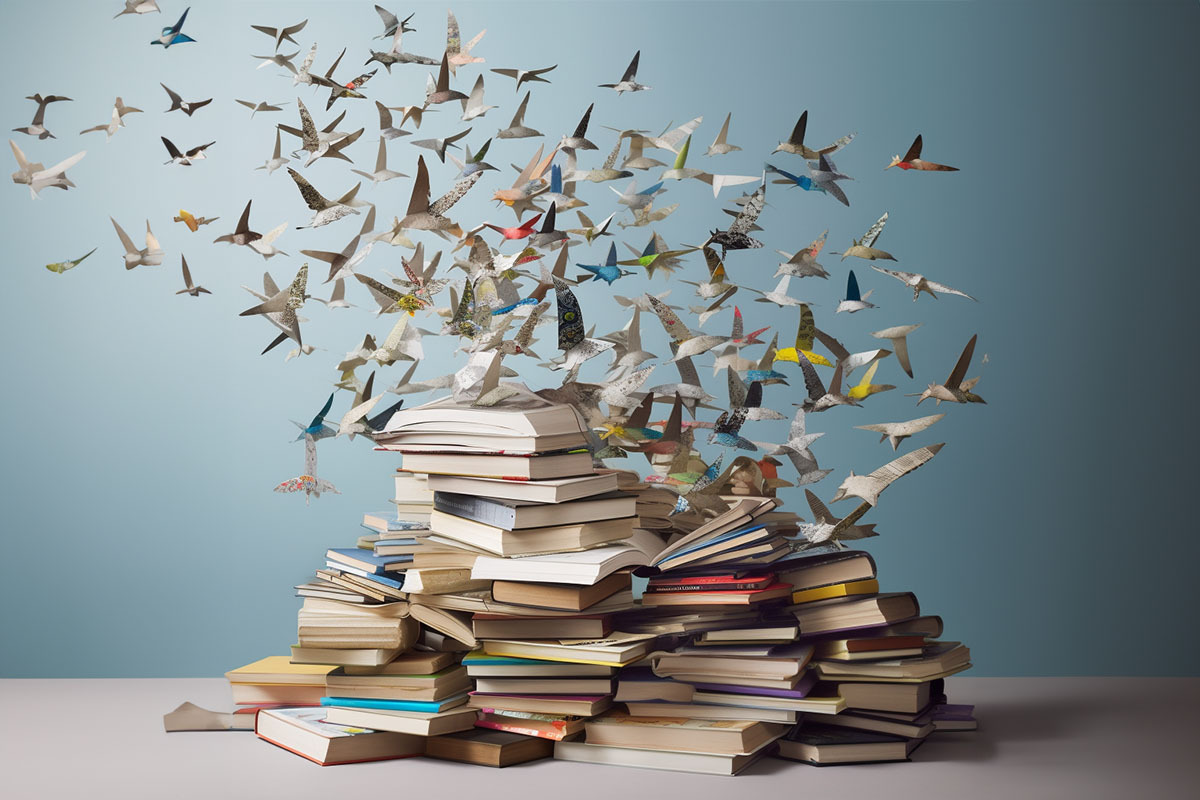 pile of books taking flight like birds