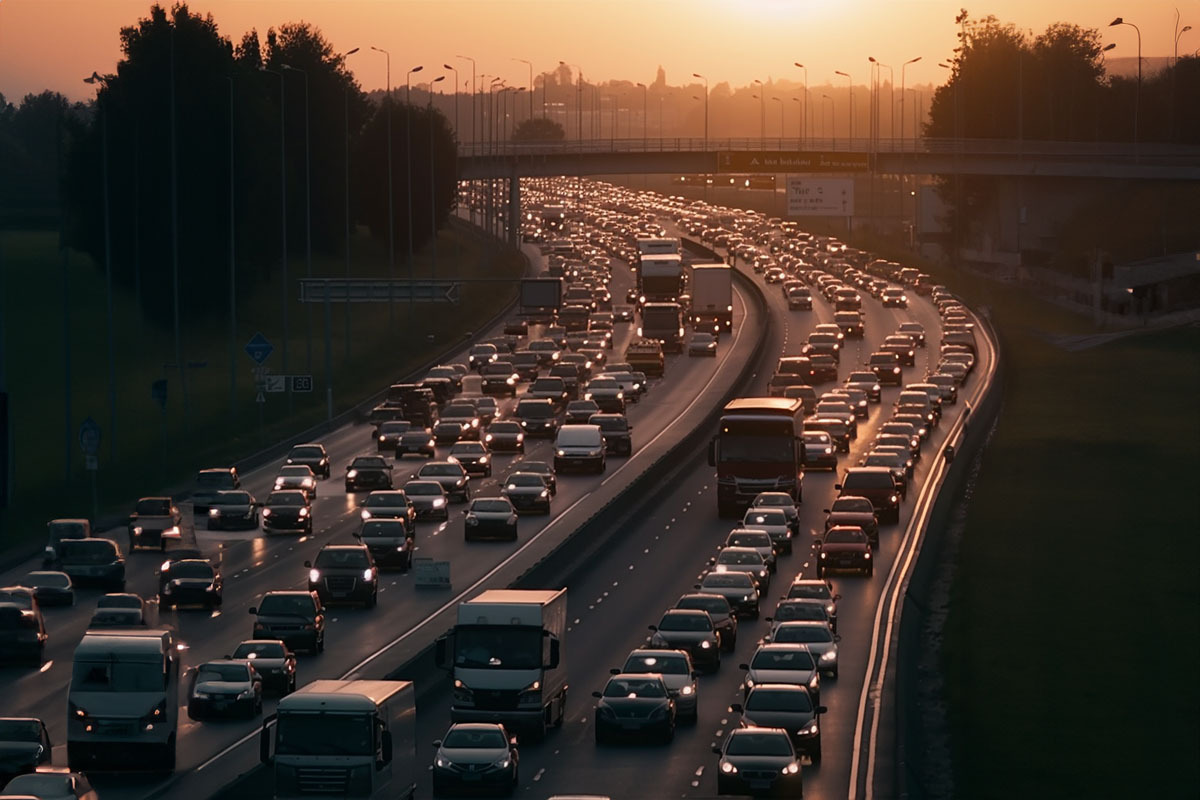 traffic jam on the motorway during sunset