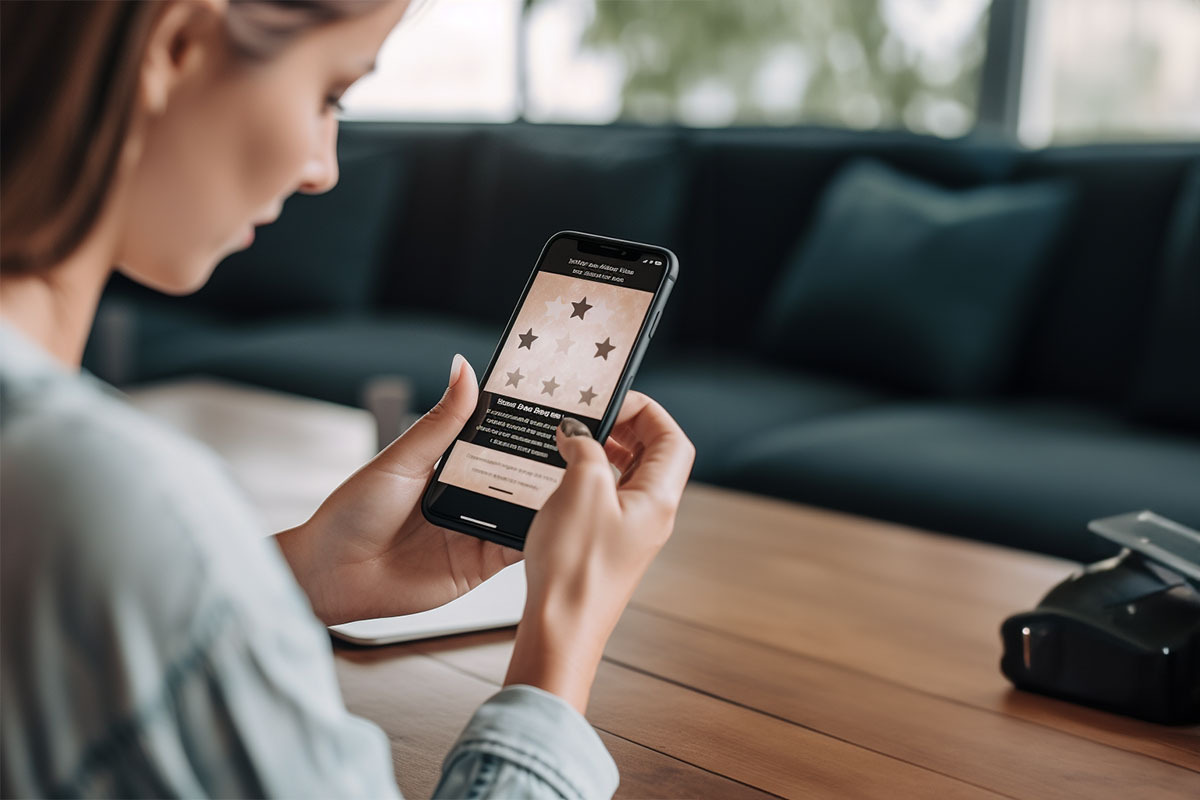 woman looking at 5 star review on her mobile phone