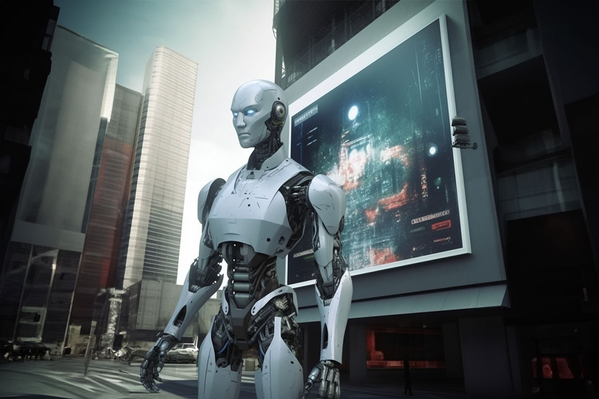 robot standing in front of a billboard