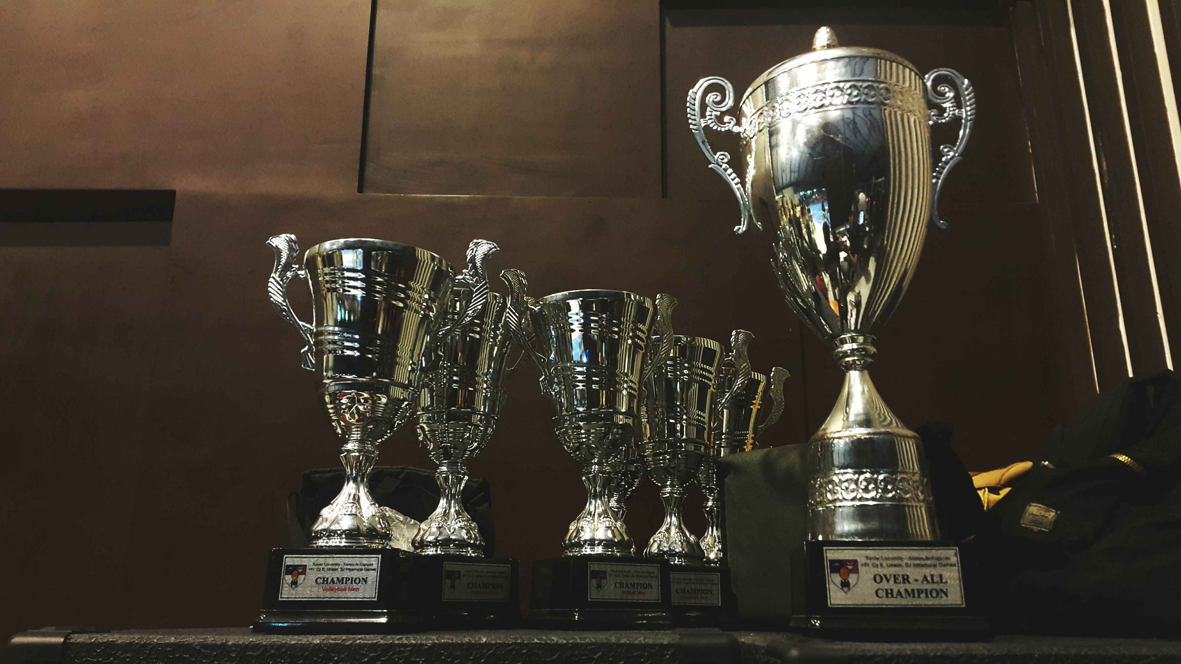 trophies in a cabinet