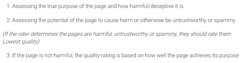 1. assess the purpose of the page. 2. assess the potential of the page to cause harm. 3. if not harmful, the quality rating is based on how well the page achieves its purpose