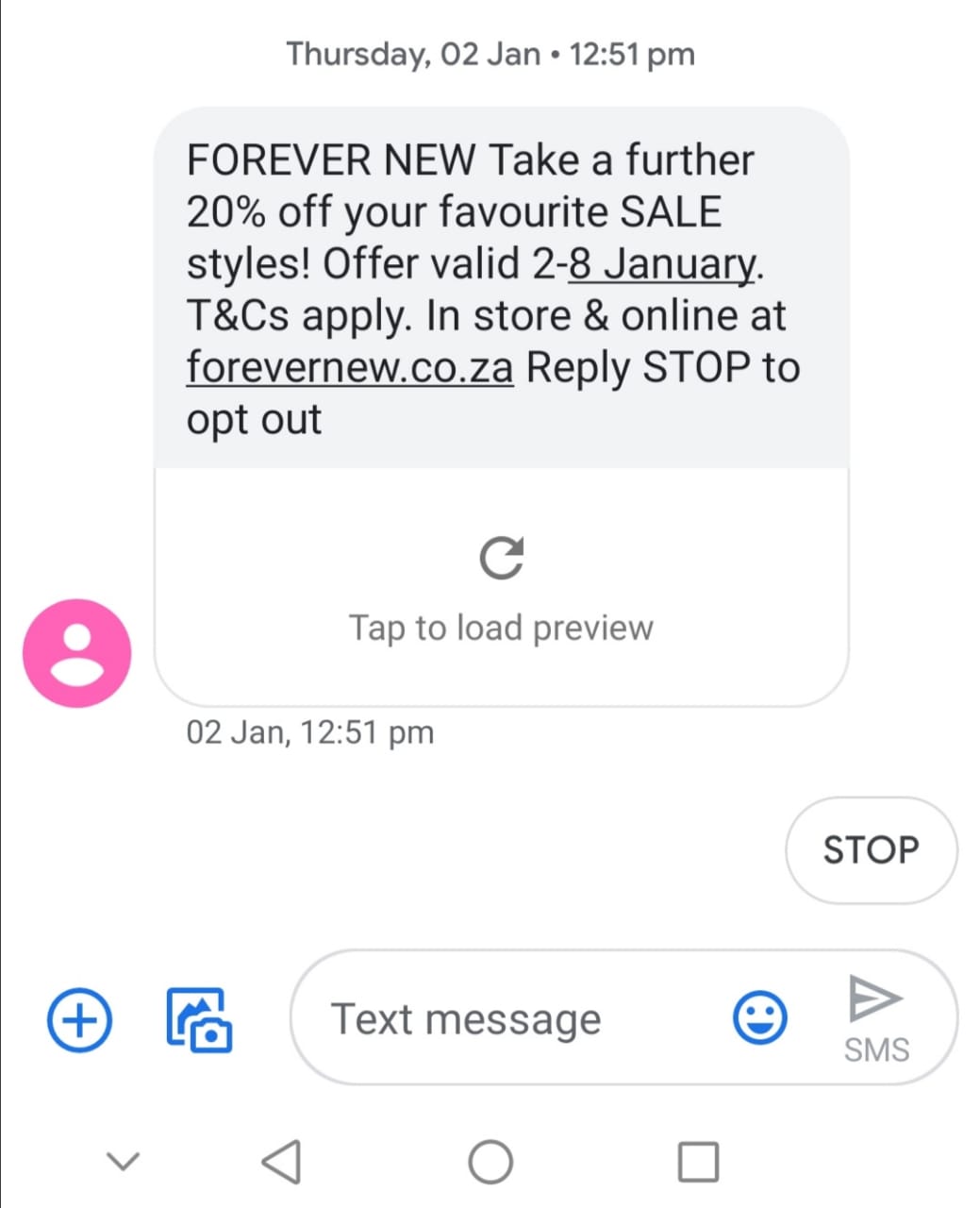 example of opt-out SMS marketing message