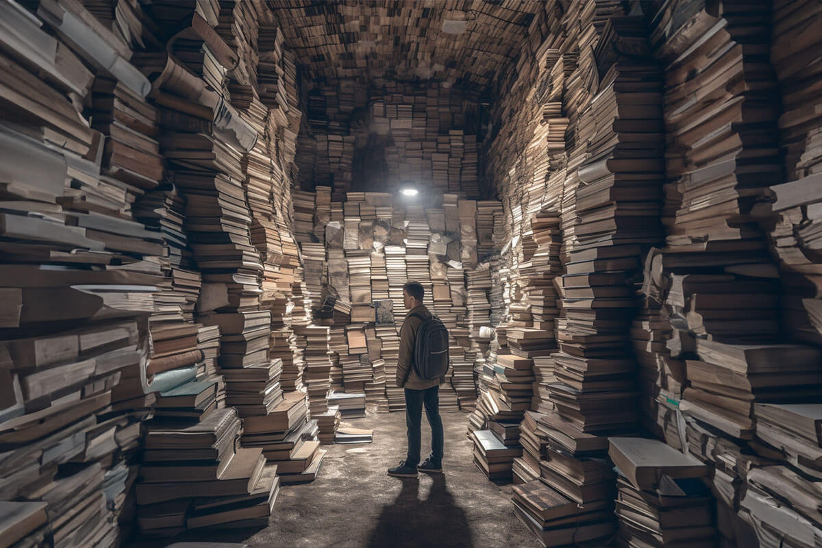 man surrounded by stacks of books