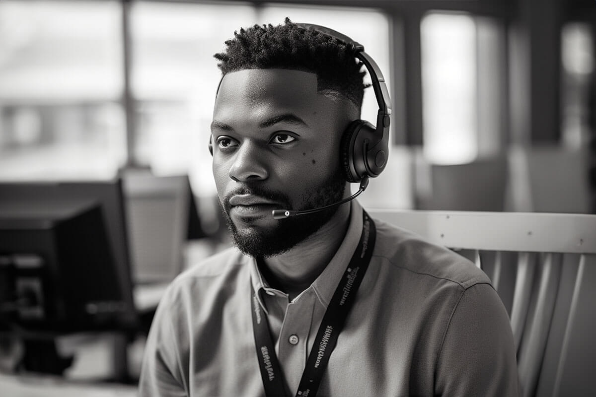 customer support operative wearing a headset in a call centre