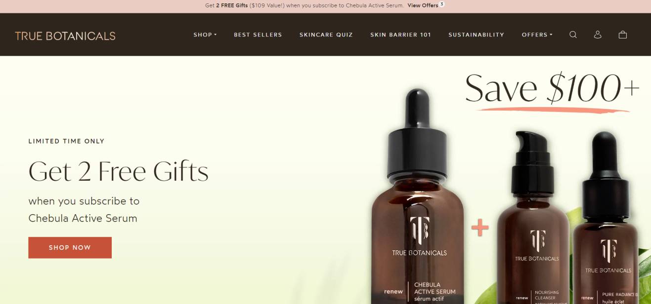 true botanicals homepage of ecommerce website