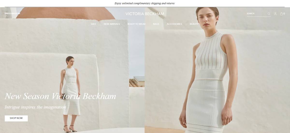 victoria beckham homepage showing woman in white dress