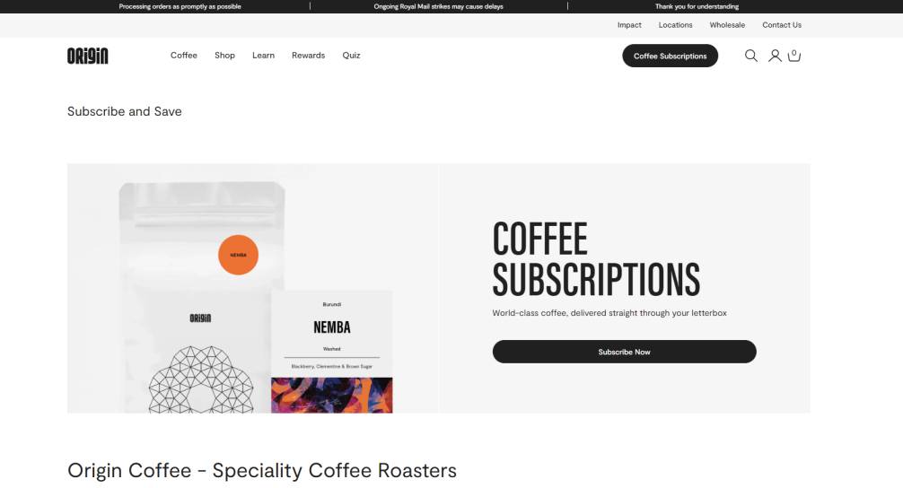 origin coffee homepage