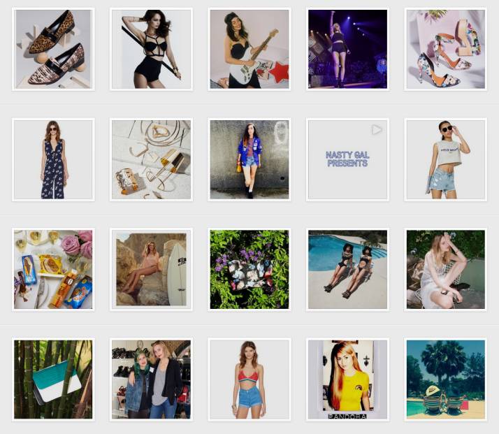 nastygal instagram grid showing various shots of models and fashion items