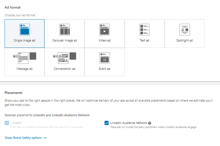 ad format selection screen on linkedin