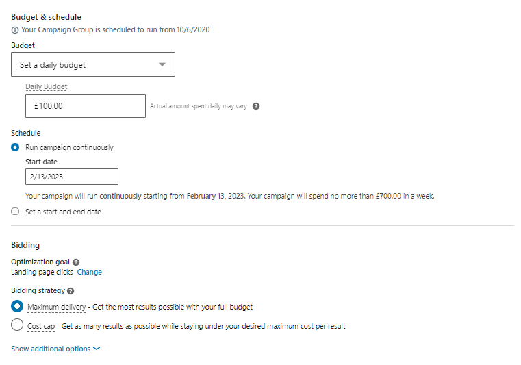 screenshot to show setting of budgets on linkedin campaign manager