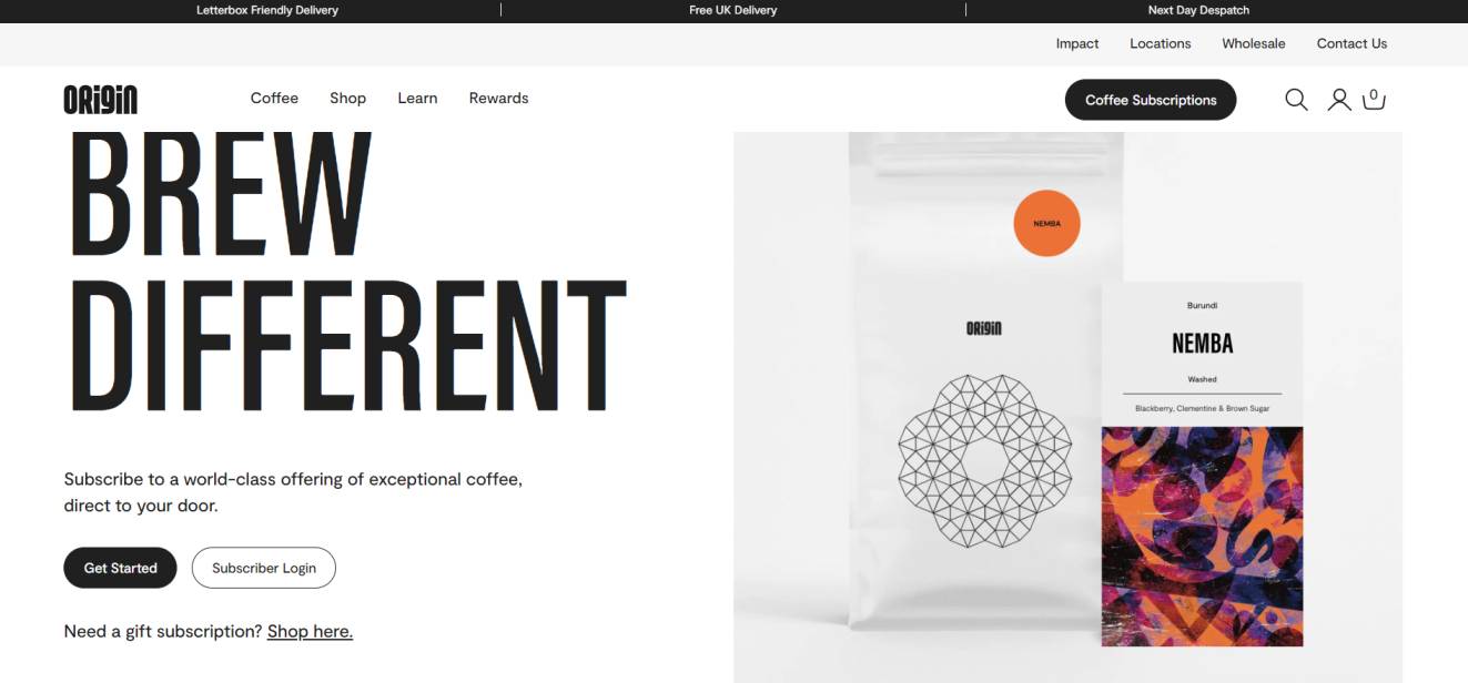 origin coffee subscription website homepage