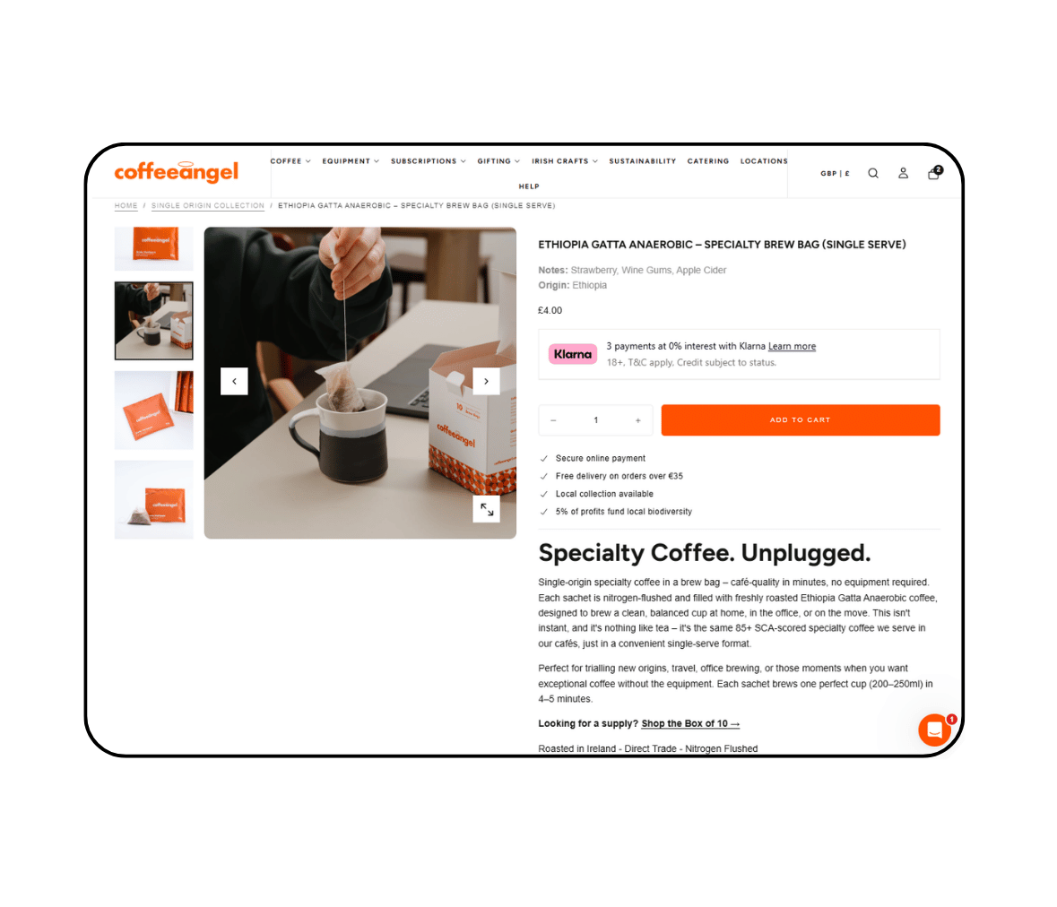 Coffee Angel Shopify store Product description page on desktop