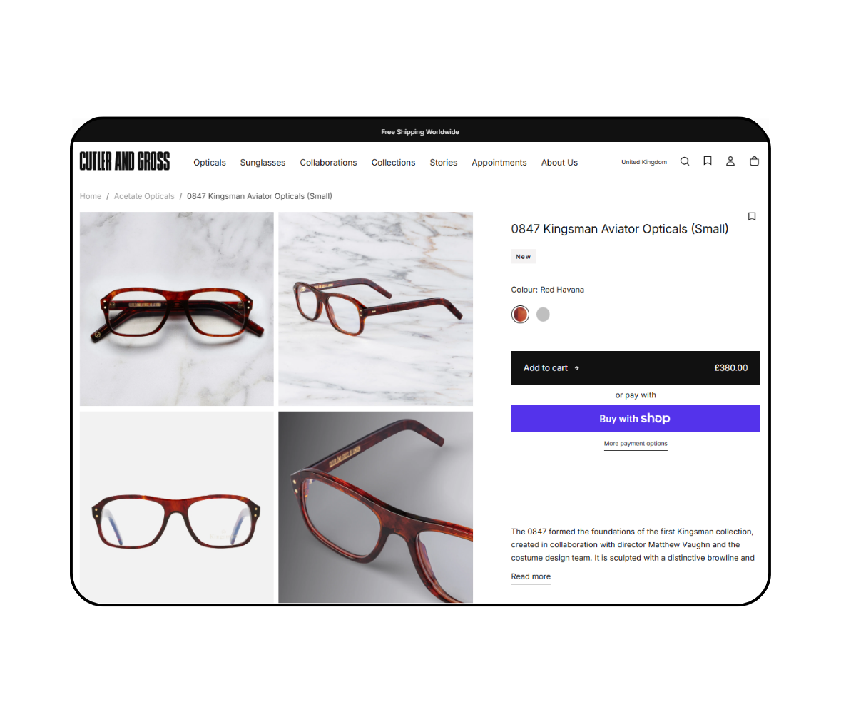 Cutler and Gross Shopify store Product description page on desktop