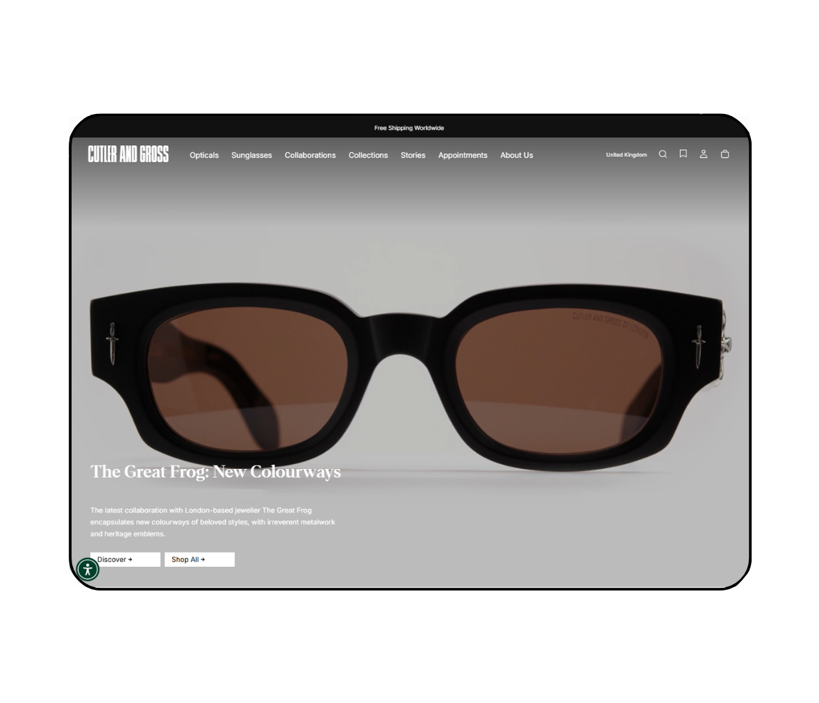 Cutler and Gross Shopify home page on desktop