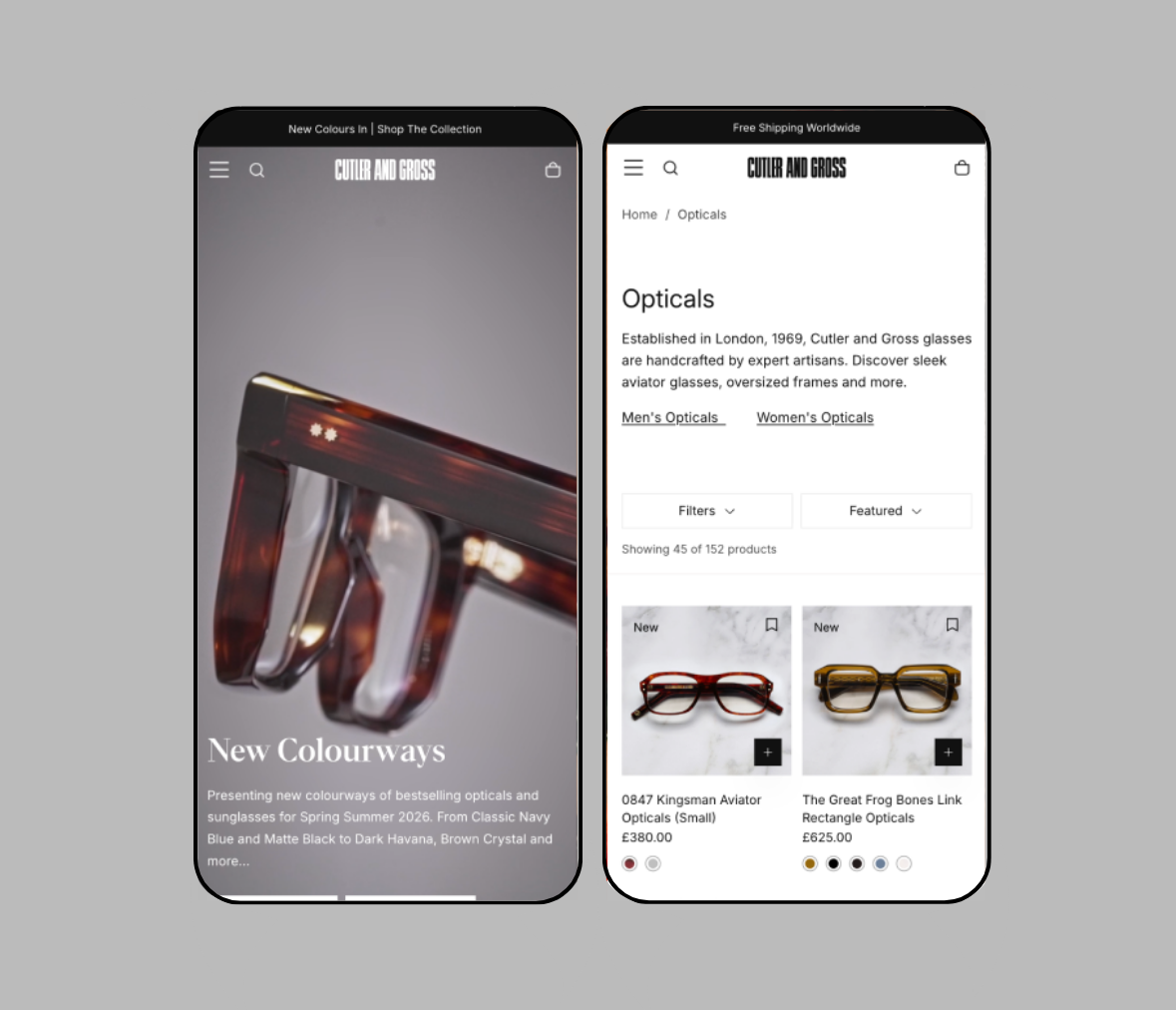 Cutler and Gross Shopify store product page on mobile