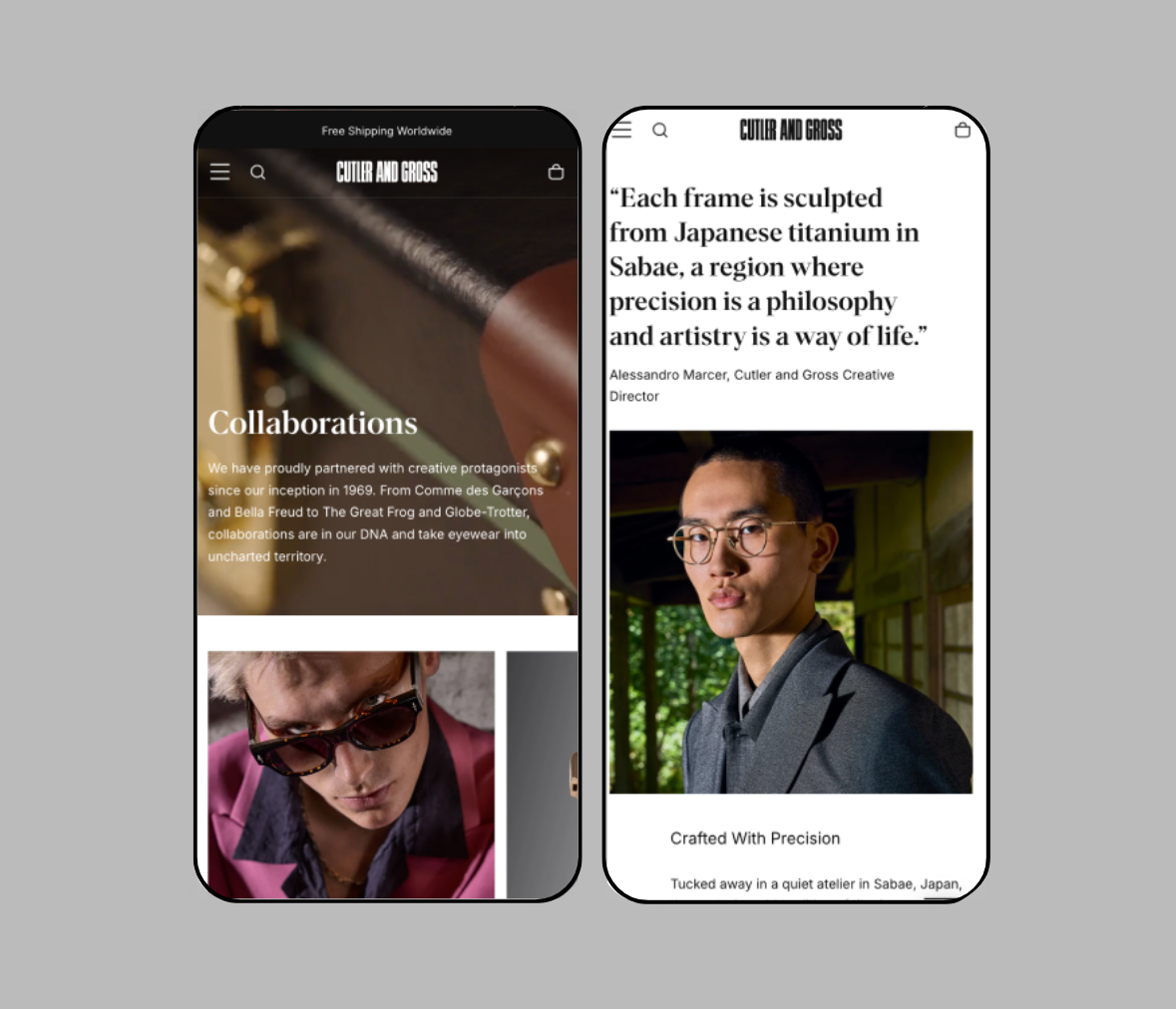 Cutler and Gross Shopify store on mobile