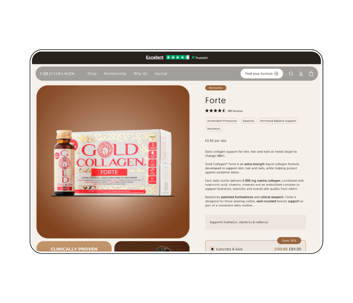 Gold Collagen Shopify store Product description page on desktop