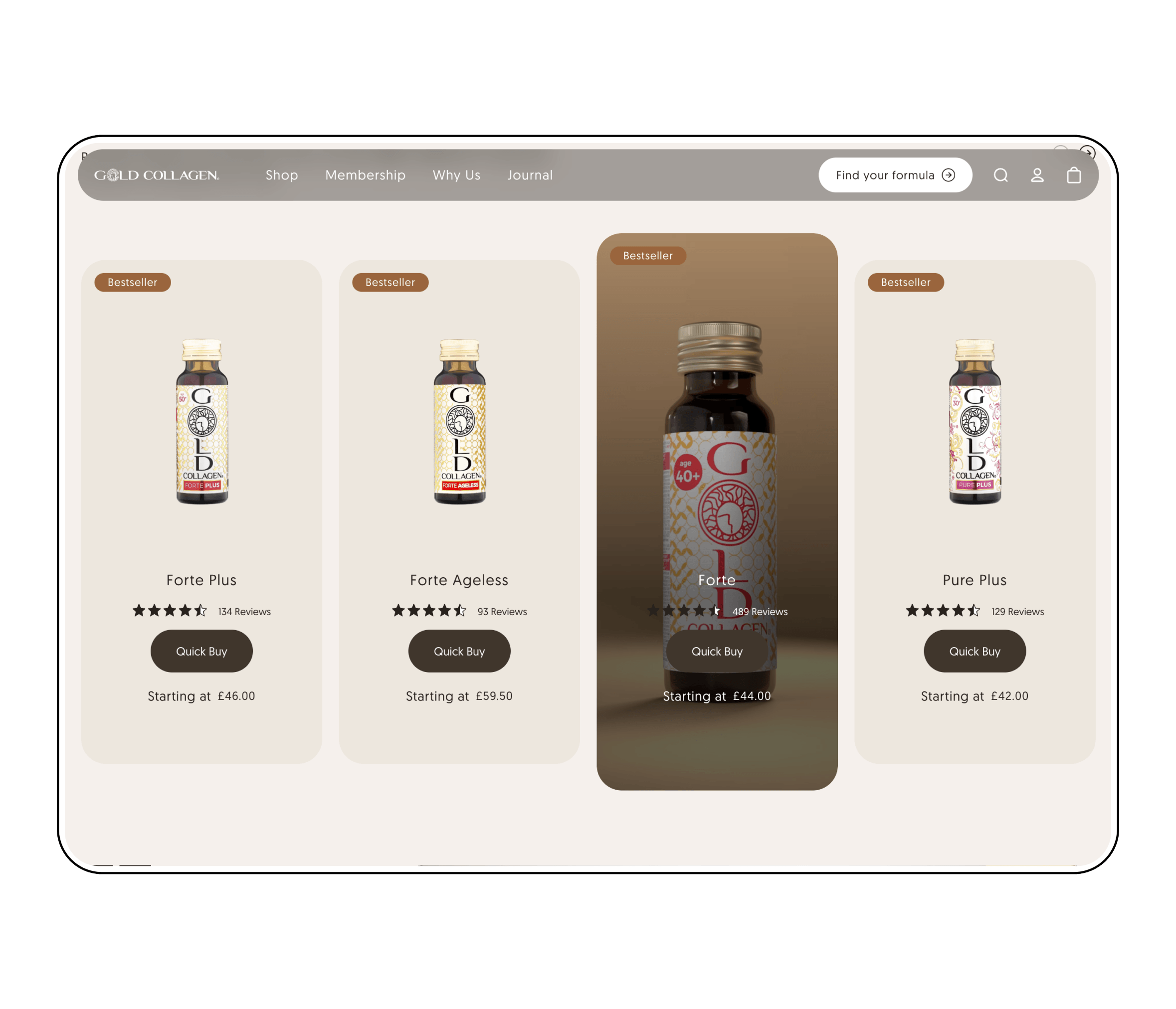 Gold Collagen Shopify store product carousel on desktop