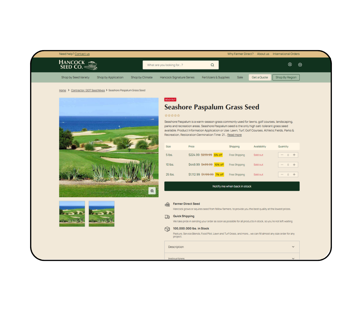 Hancock Seed store product details on desktop