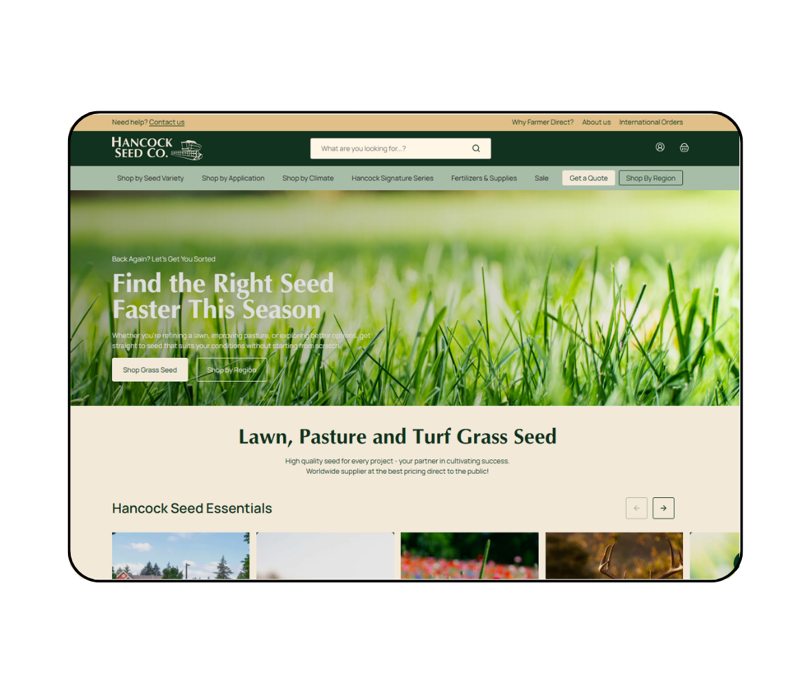 Hancock seed home page on desktop