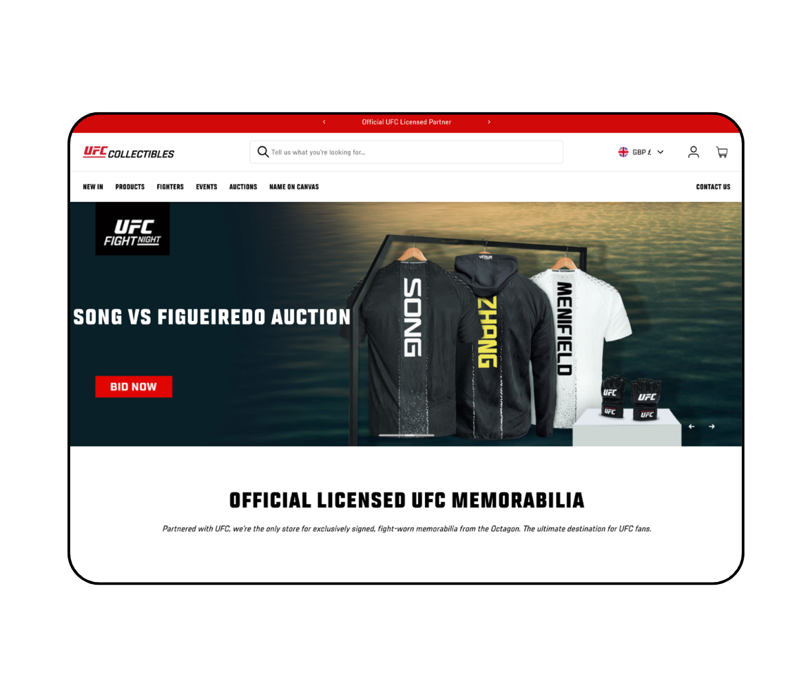 UFC Collectibles home page on desktop