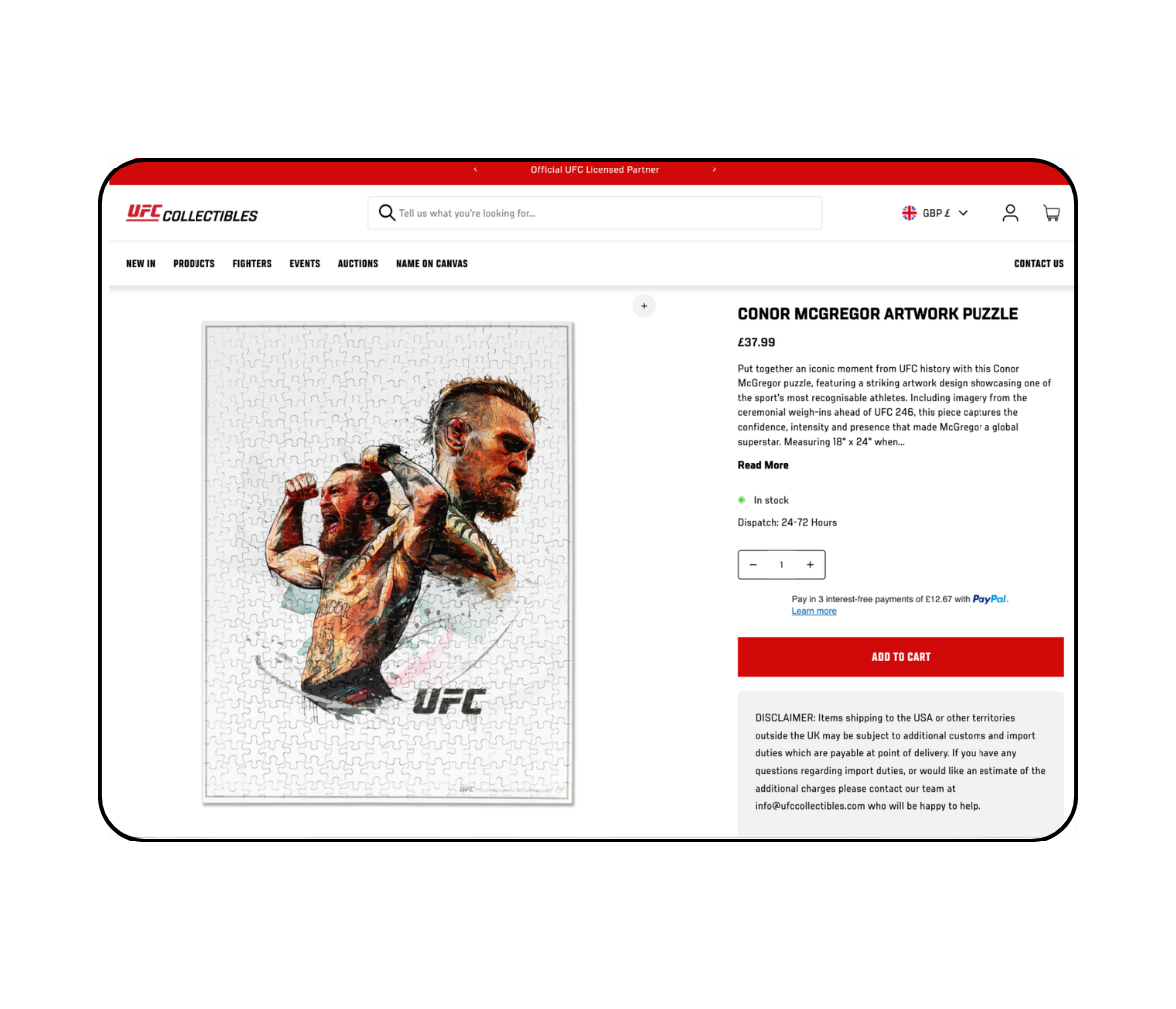 UFC Collectibles store products on desktop